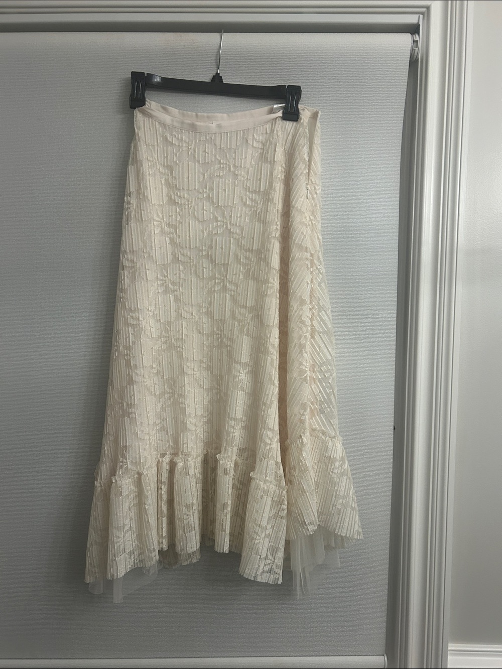 See By Chloe Cream Lace Midi Skirt with Ruffle Hem Detail